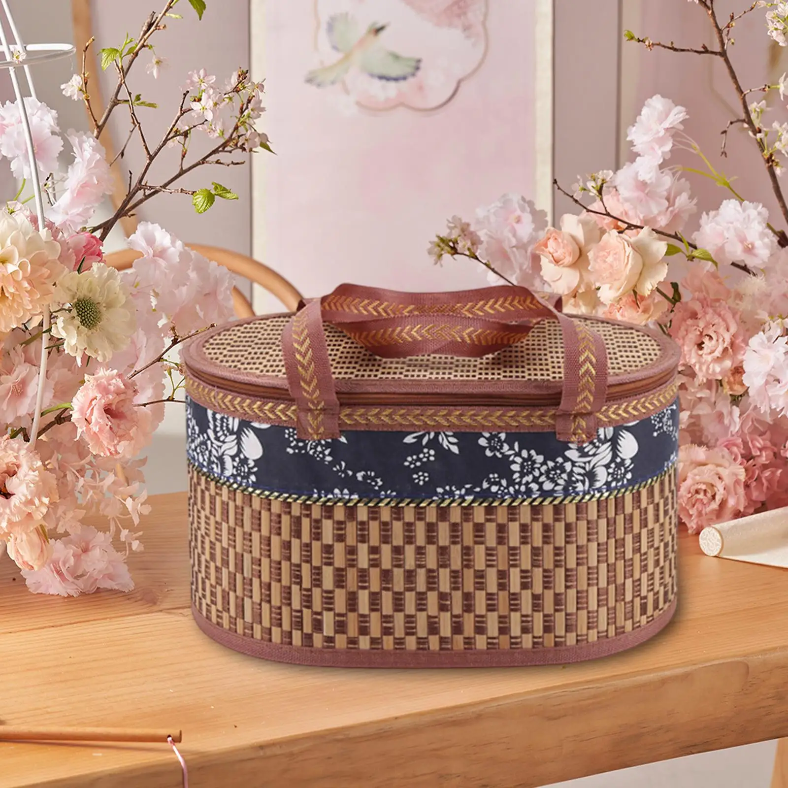 Foldable Woven Food Storage Basket Multifunctional for Flowers with Cover