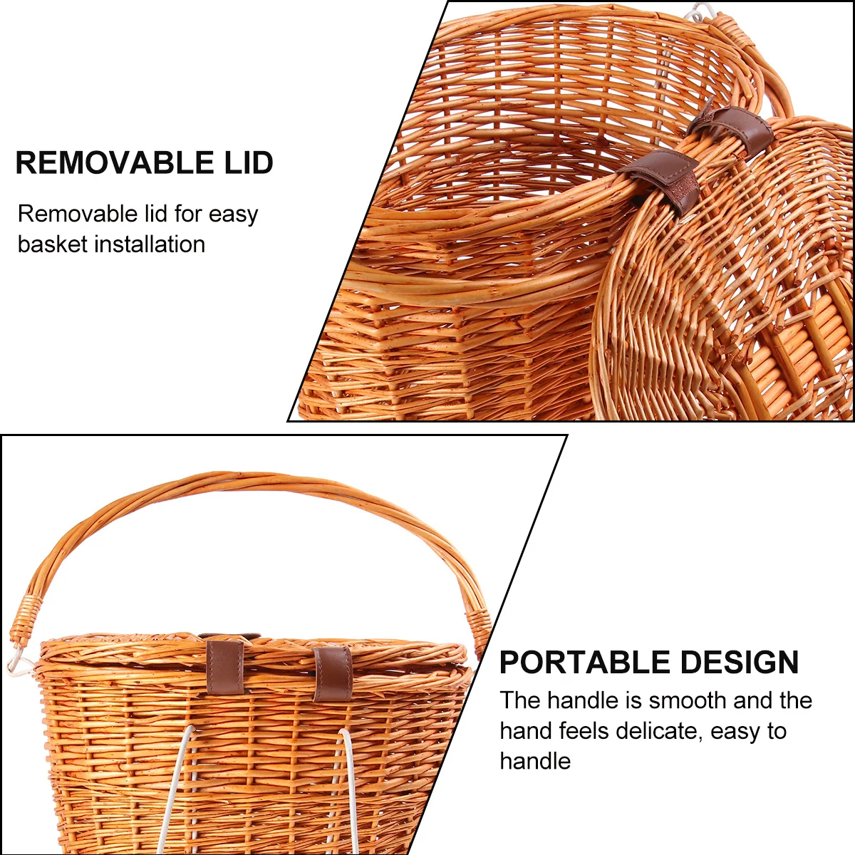

Wicker Front Handlebar Bike Basket Lid Handle Natural Wicker Unique Style Large Space Look Bicycle Baskets