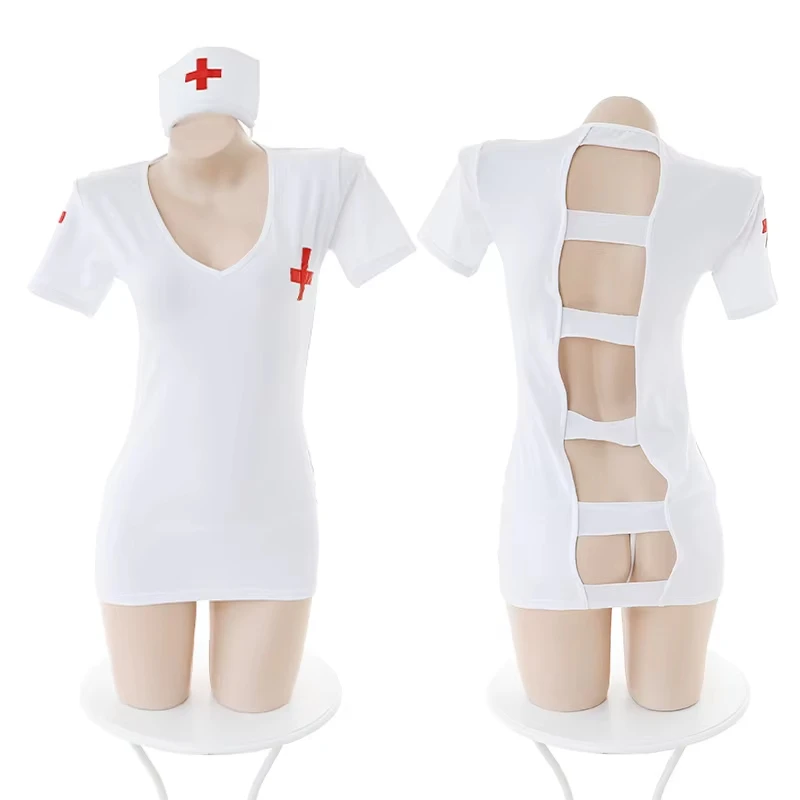 

White Nurse Cosplay Dress Short Sleeve V-Neck Bodycon Outfit with Red Cross Back Cutout Nurse Cap for Women Role Lingerie Set