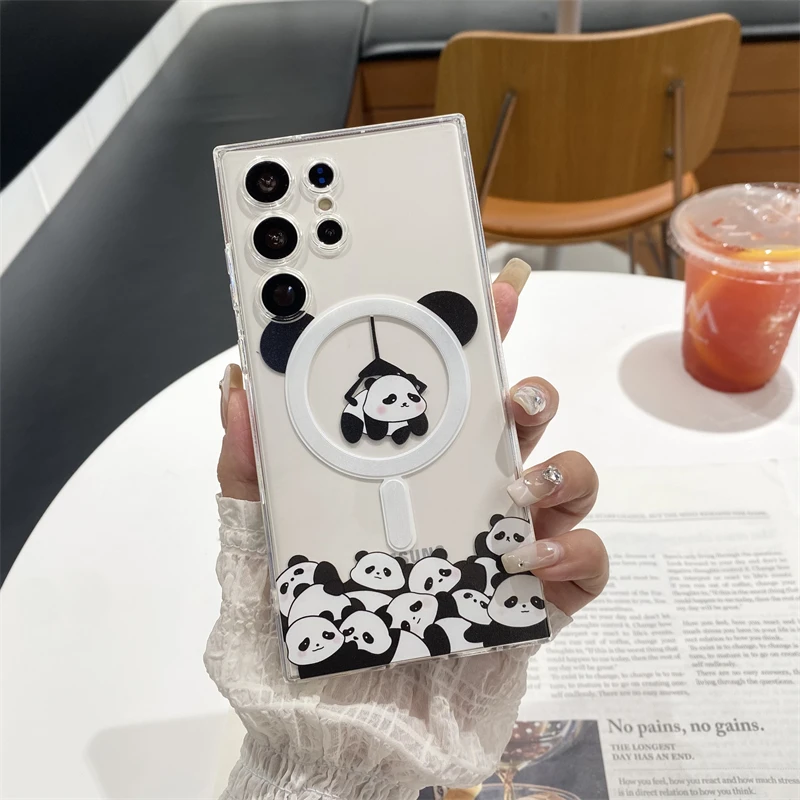 Korean Cute Magnetic Stand Grip Tok Cartoon Panda Magsafe Phone Case For Samsung S21 S22 S23 Plus S24 Ultra Note10 20 Back Cover