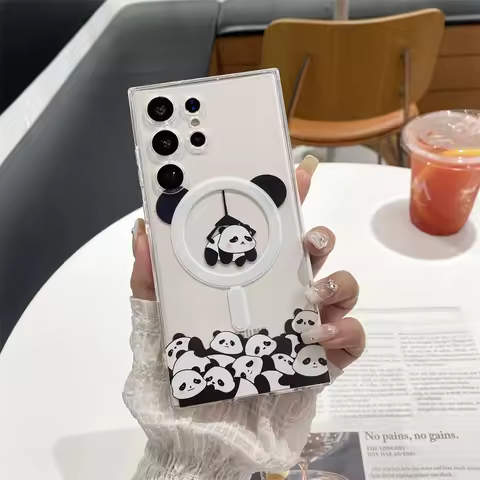 Korean Cute Magnetic Stand Grip Tok Cartoon Panda Magsafe Phone Case For Samsung S21 S22 S23 Plus S24 Ultra S25 Plus Back Cover