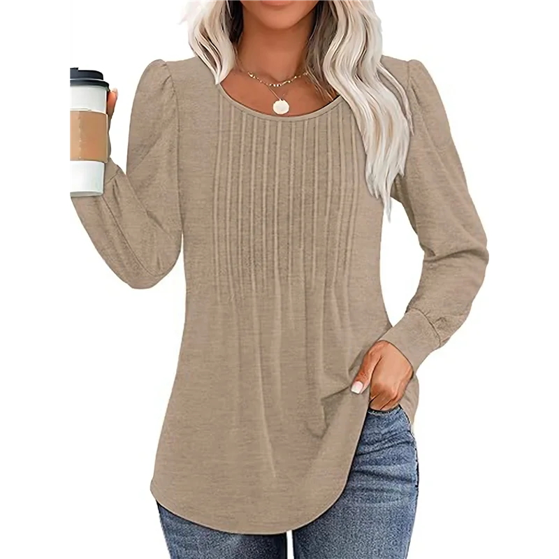 

CGS-Women's Puff Long Sleeve Tunic Tops Pleated Crew Neck Blouses Dressy Casual Loose Fit Winter And Spring Shirts