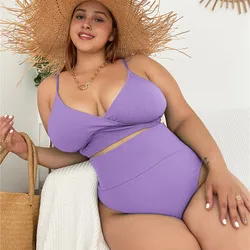 Cikini-Sexy Monochromatic Swimsuit for Female, New Strap, High Waist, Plus Size Bikini, Two-Piece Swimwear, Beach Bathing Suit