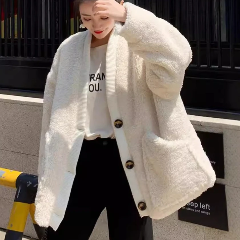 

Jackets Women Faux Lamb Fur Coats Y2k Overcoat V Neck Long Sleeve Buttons Pocket Open Stitch Thick Loose 2025 Autumn Winter