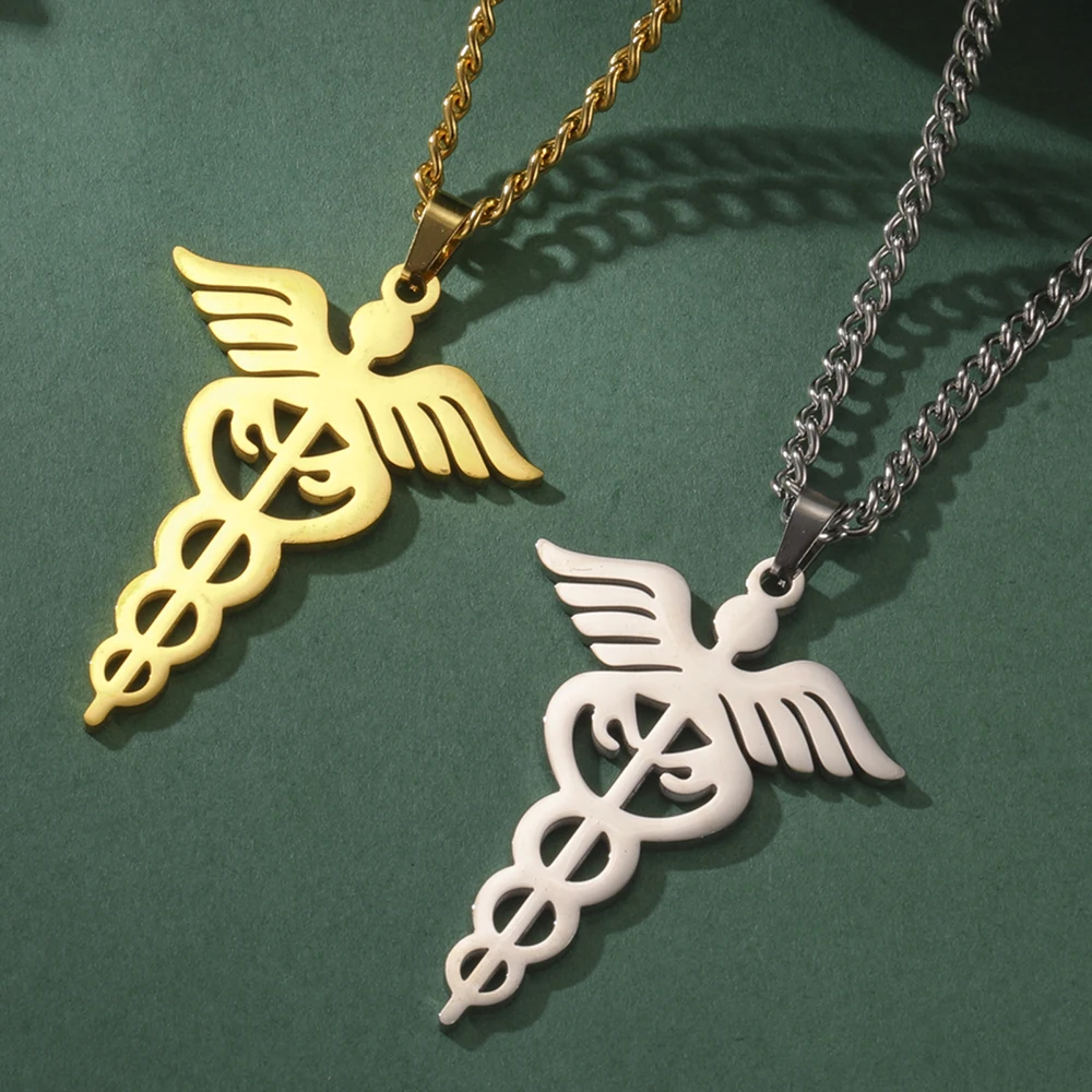 Dawapara Caduceus Necklace Archangel Wings Healing Medical Symbol Pendant Asclepius Protection Amulet Stainless  Steel Jewelry