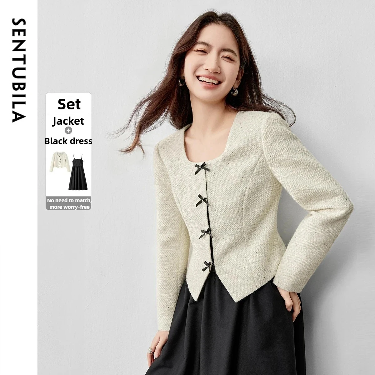 SENTUBILA レディース ツイードスーツセット 2025年秋 ターンダウンカラー コントラストカラー リボン付きコート＆サスペンダードレス オフィスコーデ 153ZA2418