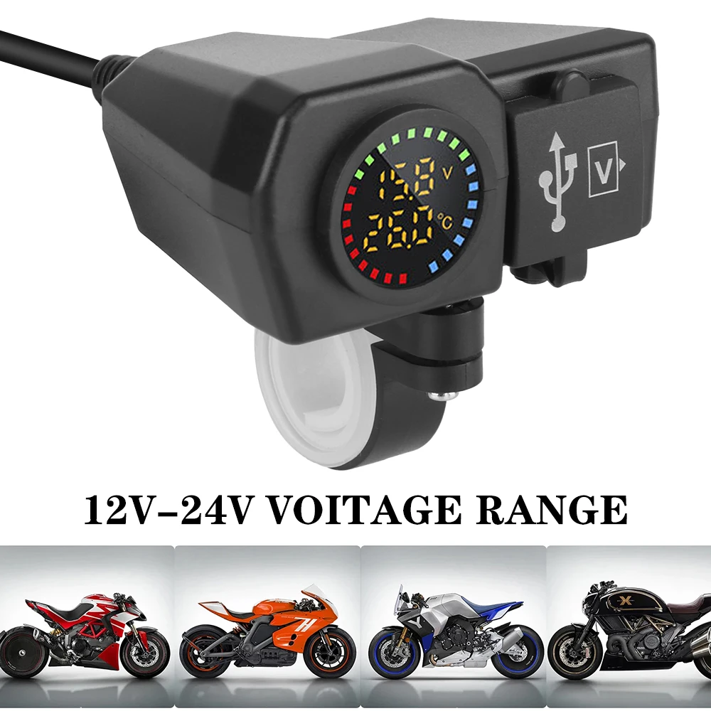 Digital Display Motorcycle QC3.0 PD Charger Socket Voltmeter Thermometer USB Type-C Fast Charging 36W Motorcycle Charger Plug