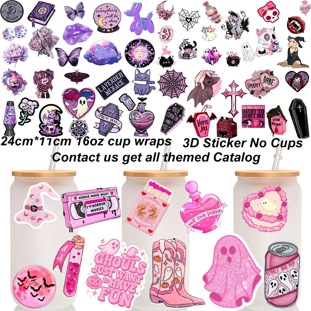 Pastel Goth Spooky Pink Halloween UV DTF Cup Wraps 16oz Libbey Glass Can 3D Cold Transfer Stickers Ghost Skull Witch Stickers
