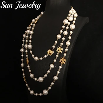 שרשרת פנינים חדשה רב-שכבתית שרשרת פנינים רטרו חרוט עיצוב זכוכית ארוך סווטר שרשרת פנינים לנשים