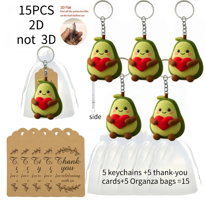 5sets Cute Avocado Keychains Includes Acrylic 2D Pendant & Thank You Cards & Organza Bags Car Rearview Mirror Ornaments Gifts