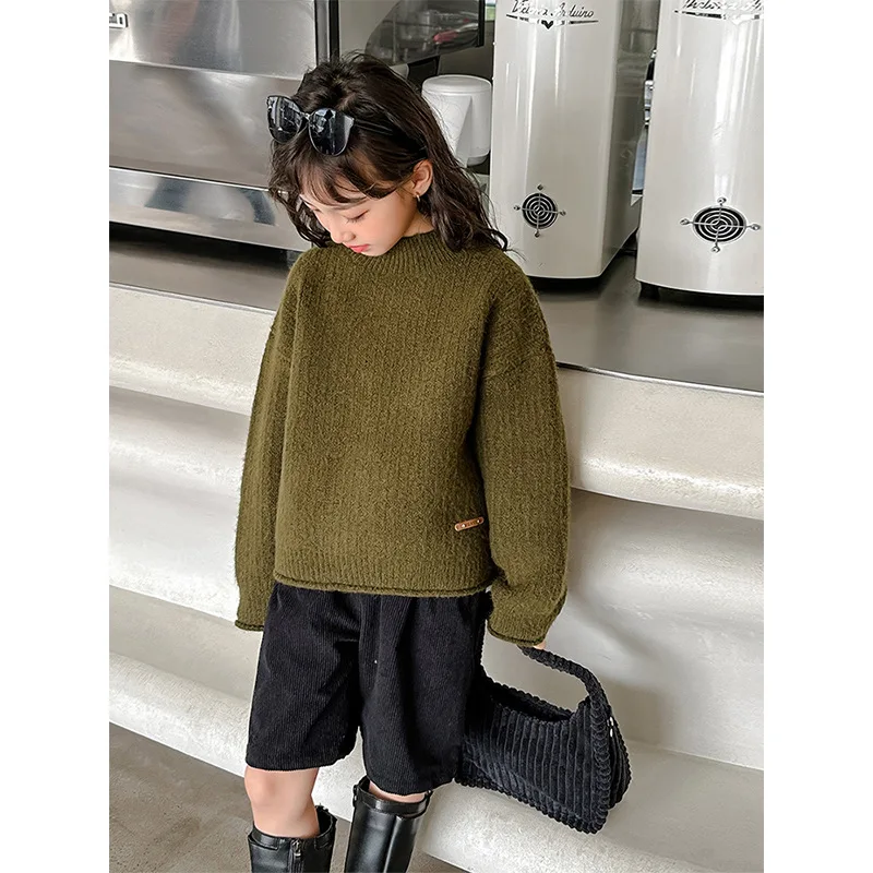 Girl Sweater 2023 New Autumn Winter Korean Fashion Style Round Neck Rolled Up Sweater Children Warm Knit Long Sleeve Top