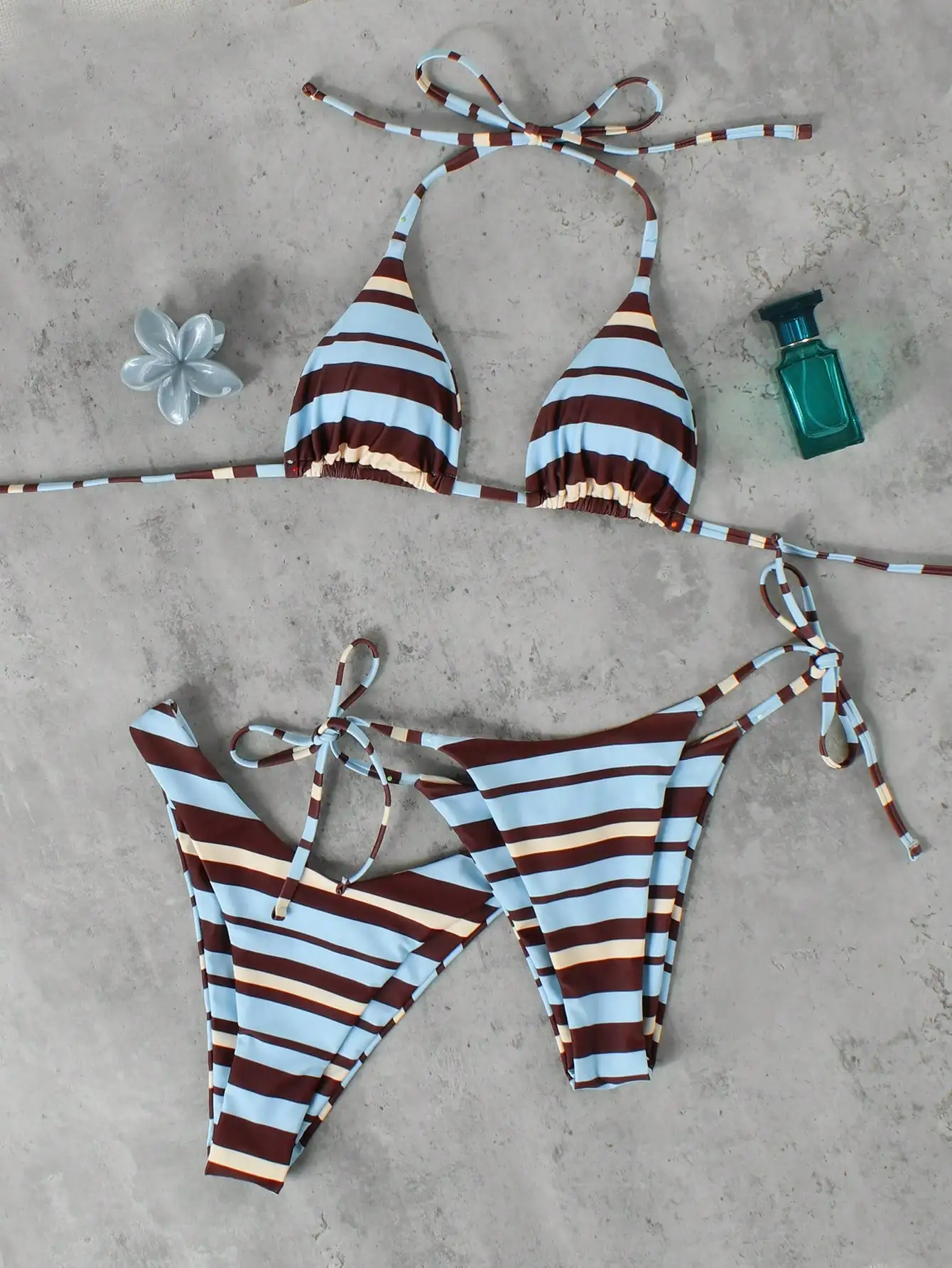 

Women Blue Brown Striped Tie Side Triangle Bikini Set Beach Vacation Swimsuit