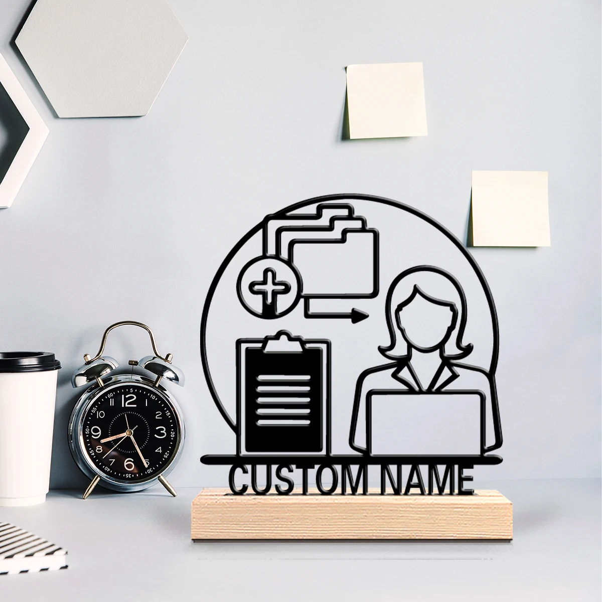 1pc Cartoon Personalized Custom Medical Administration Metal Statues Science-Themed Wooden Base Decor for Doctors Psychologists