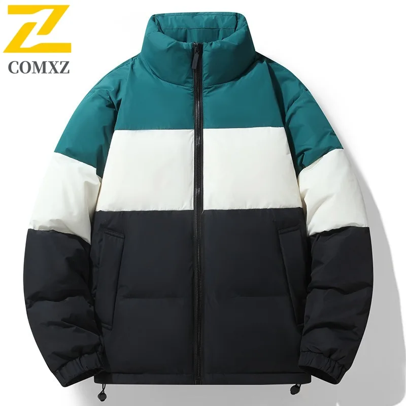 COMXZ Warm Down Jacket Stand Collar Color Block Handsome Camping Quilted Jacket 2025 Lightweight Streetwear Men's Winter Jacket