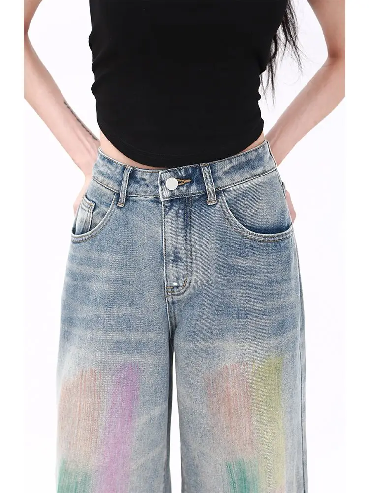 ADAgirl-Pantalon en denim imprimé arc-en-ciel Harajuku pour femme, jean taille haute surdimensionné, streetwear vintage, hip hop, décontracté, fjk, Kpop, Y2K