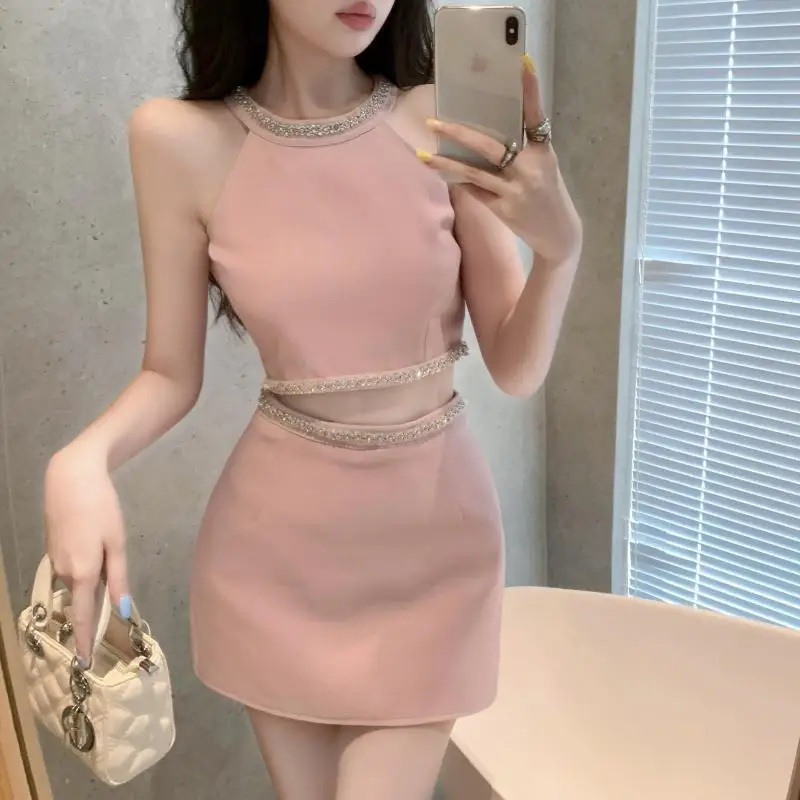 Korejpaa 2025 Summer Two Piece Sets French Style Diamond Studded Halter Vest Crop Top+ High Waist Slim Mini Skirt Sexy Clothes