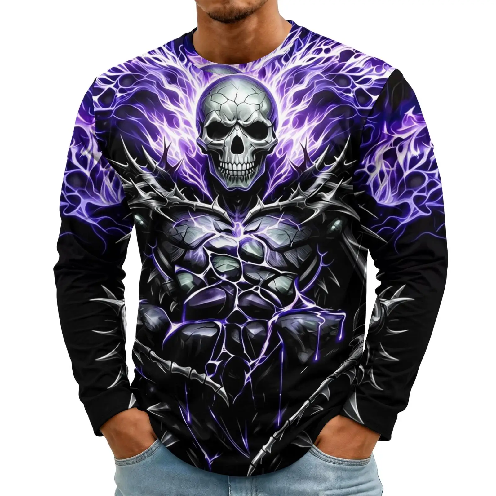 Men Crew Long Sleeve T-shirt Halloween 3D Skeleton Crow Ghost Zombie Horror Print Party Daily Tops