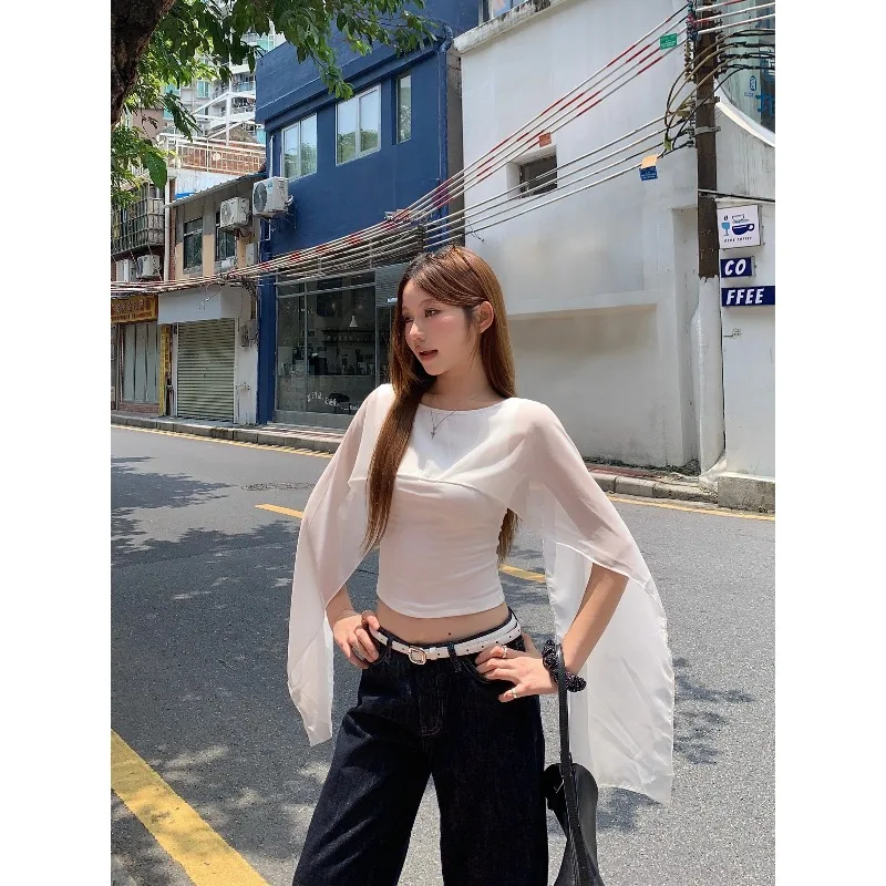 Short-sleeved T-shirt Women's New Shawl Backless Short Outer Wear Slim-fitting Waist and Thin Solid-color Sexy Top