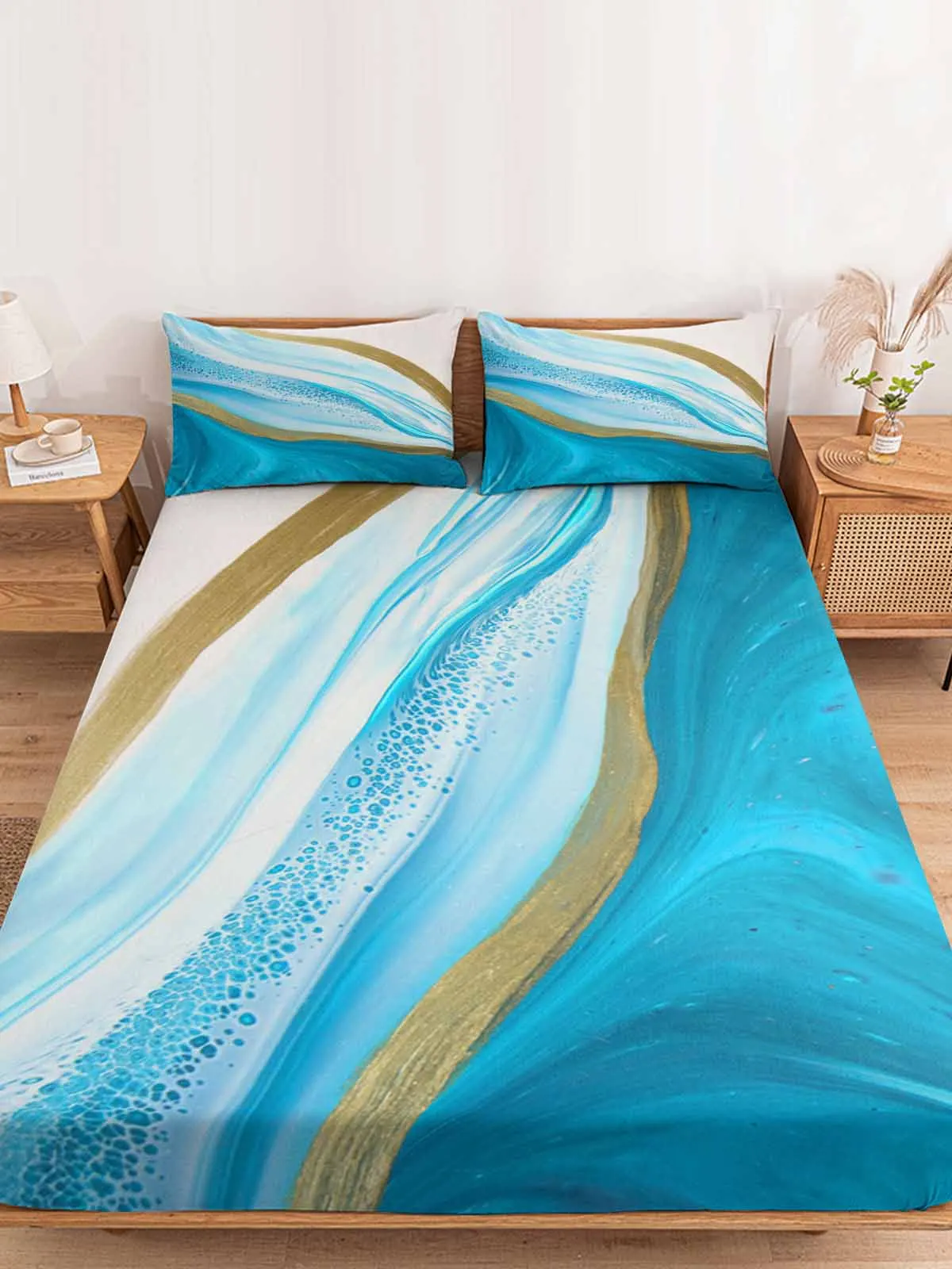 Blue Gradient Texture Marbling Polyester Fitted Sheet Mattress Cover Four Corners Elastic Band Bed Sheet Pilllowcase