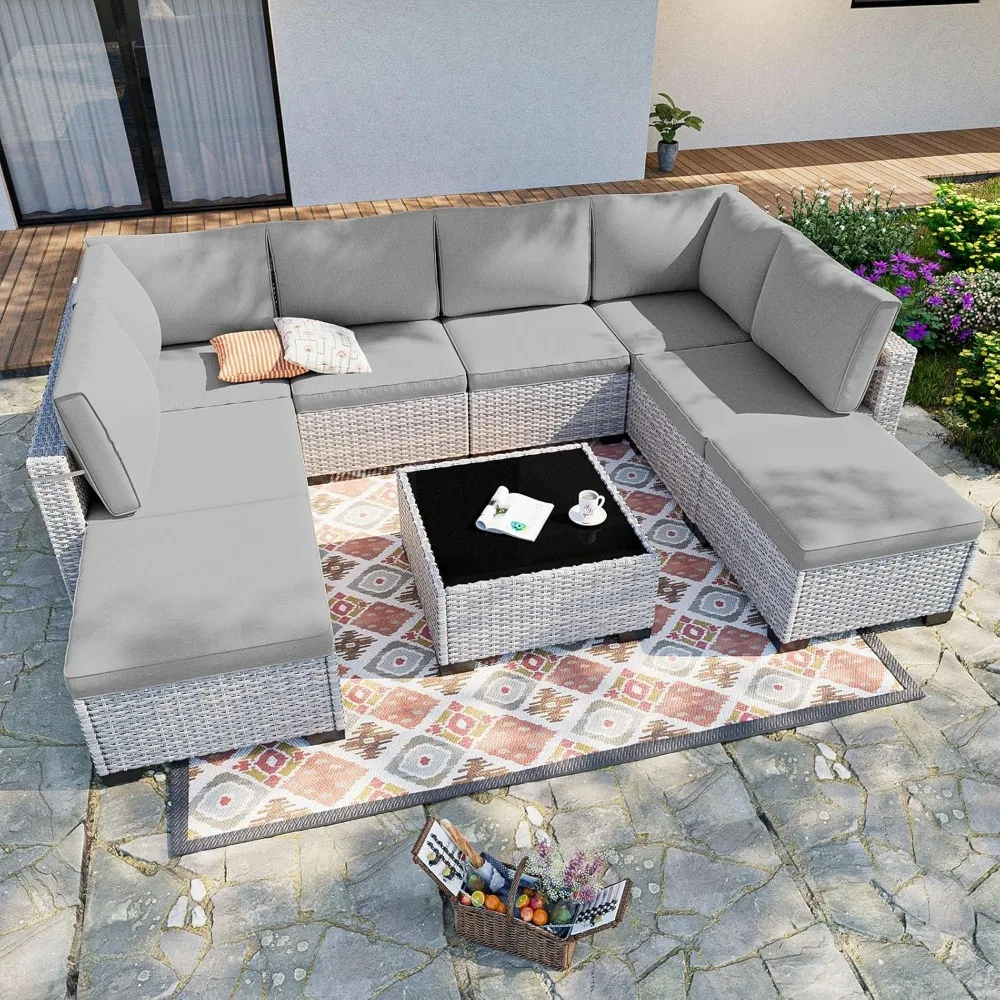 

9-Piece Patio Furniture Set, Outdoor with Ottomans, Modular Patio Sofa, Dual-Strand Wicker Rattan, Rust-Resistant Frame, Backyar