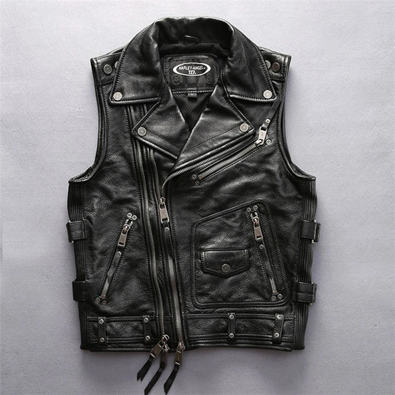 

Spring autumn men thickened head layer cowhide vest cycling lapel oblique zipper leather biker undershirt Hunting suit top coat