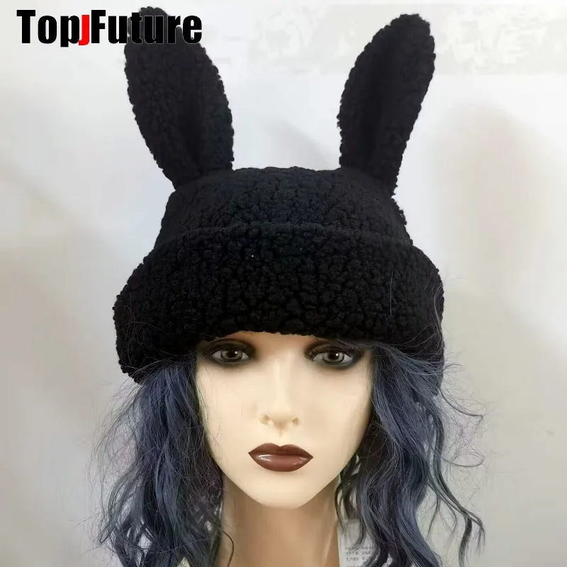 Women  Japanese Harajuku Y2K Girls Long Rabbit Ear Hat Gothic Chain Lambswool Winter Warm Bunny Ear Caps Streetwear Beanie Hat