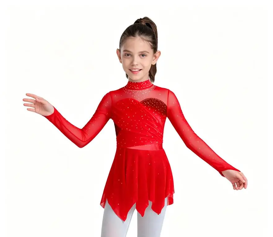 Children Girls Ruched Mesh Leotard with Rhinestones Glittery Design for Ballet Gymnastics Lyrical Dance Ice Skating Competition