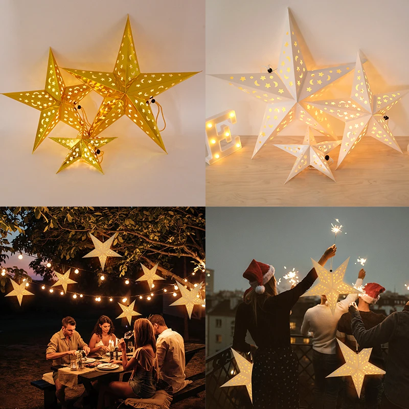 

30/45/60cm Hollow Out Star Hanging Pendant Led Light Window Grille Paper Lantern Wedding Party Christmas Stars Lampshade Decor