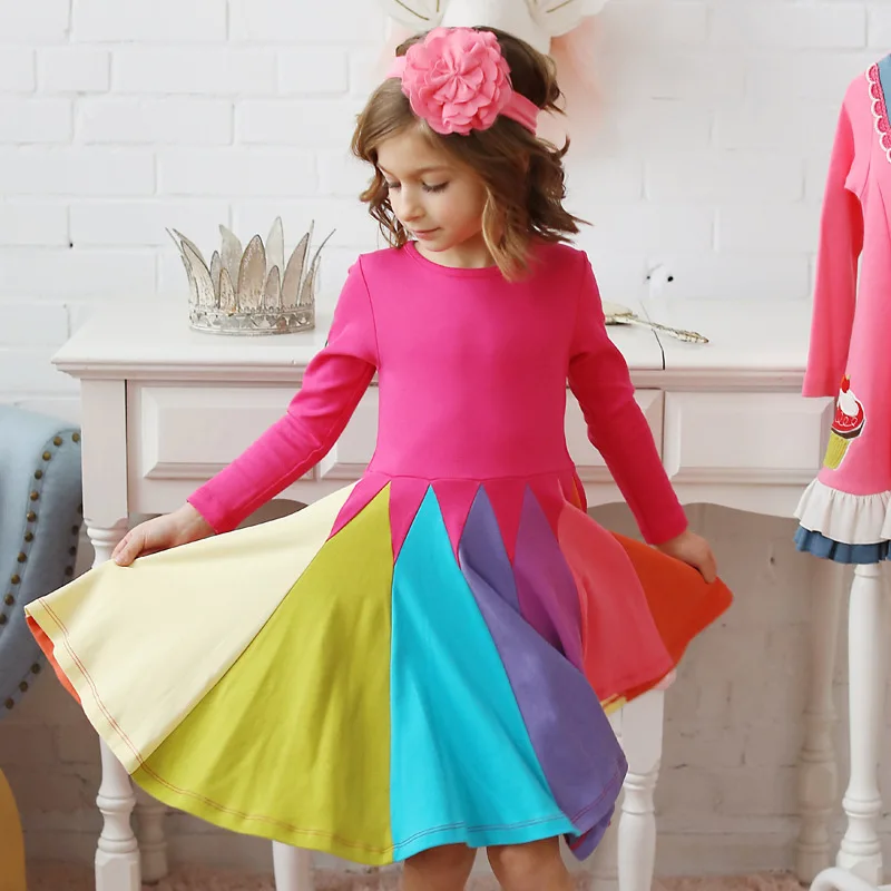 Autumn Long Sleeved Girl Dresses O-neck Rainbow Sweet Princess Dress Fashion Children Party Pleated Skirt Cotton Kids Clothes