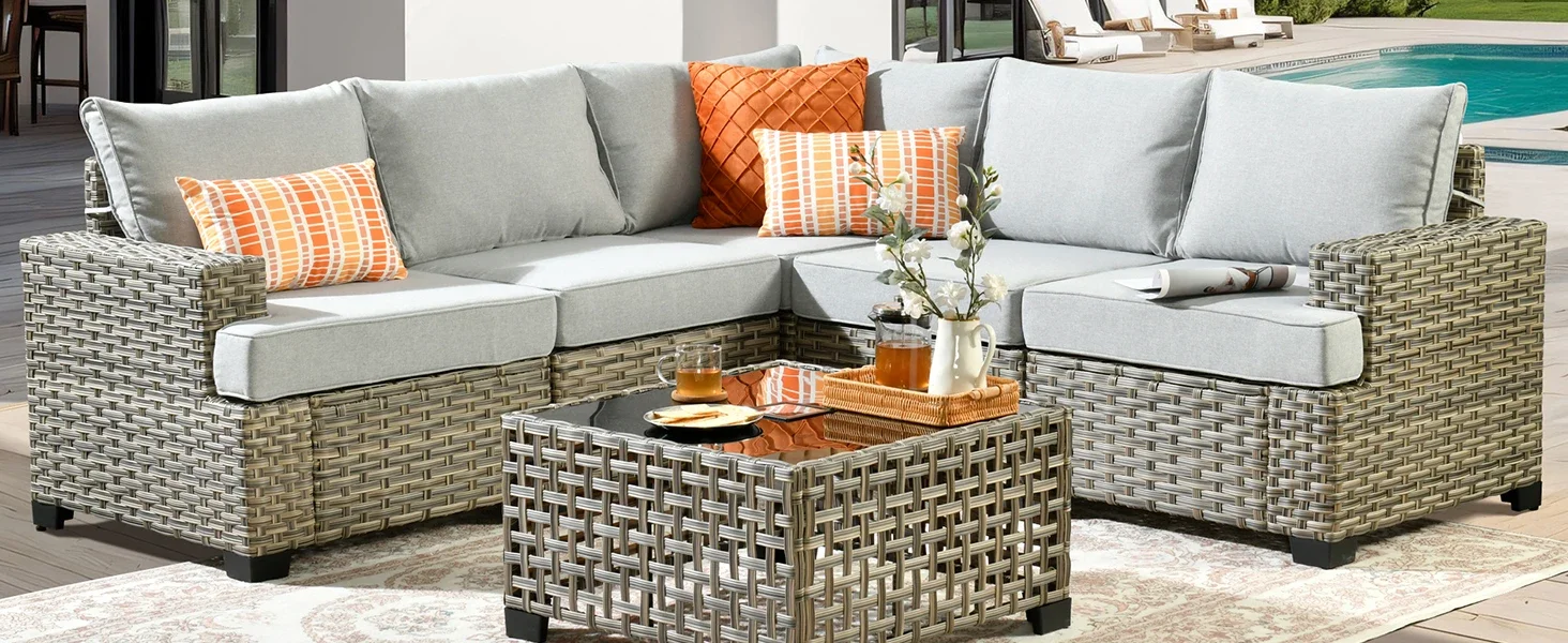 6 pcs outdoor sectional L shaped with Light table light grey
