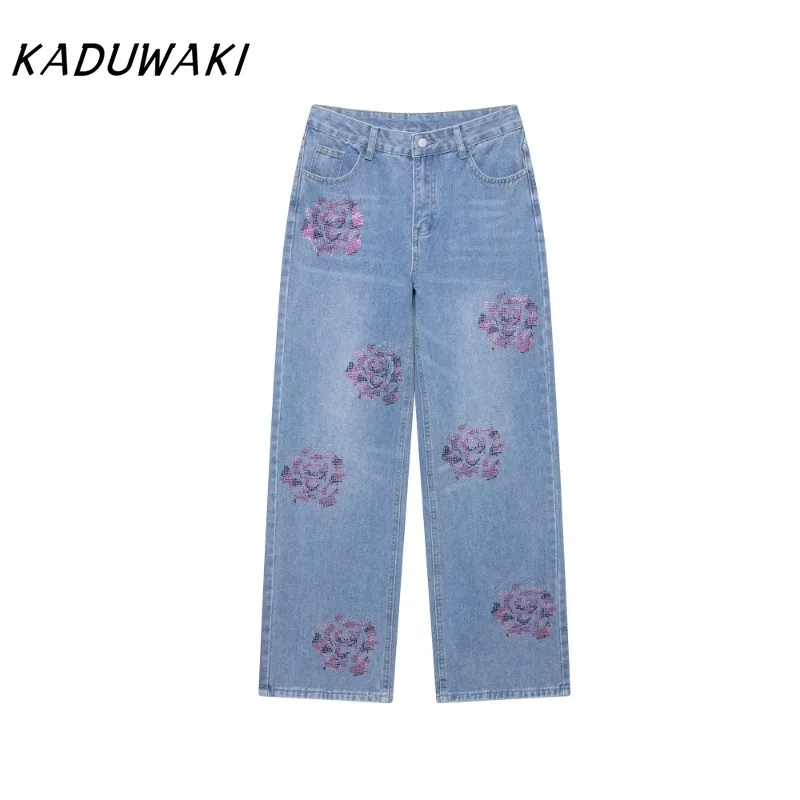 

KADUWAKI American Retro Summer Women's Clothing Casual Simple Fashion Versatile Comfortable Rhinestones Mid-waist Loose Jean Y2k
