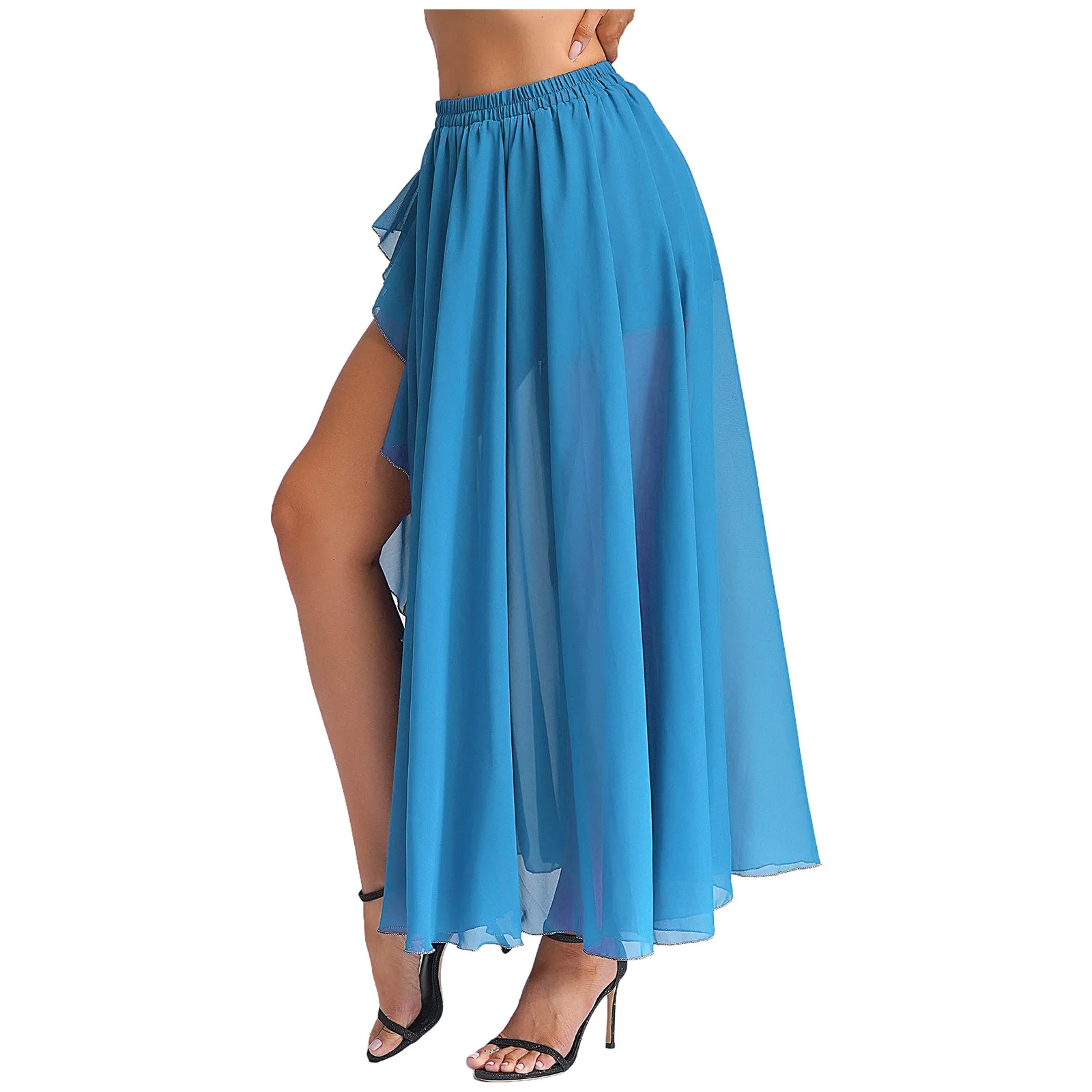 Womens Flowy Chiffon Belly Dance Skirt Elastic Waistband Cascading Ruffles Side Split Swing Skirt Ballroom Lyrical Dance Costume