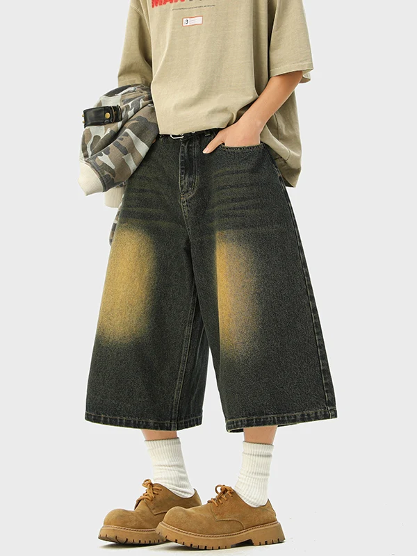 

Retro American Washed Denim Shorts Men's Trendy High Waist Loose Wide Leg over Knee Summer Fashion Straight Leg Polyester Fiber