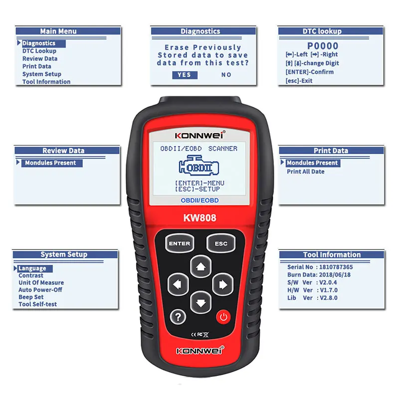 KONNWE KW808 OBD2 Scanner OBD 2 Code Reader Engine Fualt Reset Tools EOBD/CAN OBDII Diagnostic-Tools like MS509 Auto-scanner