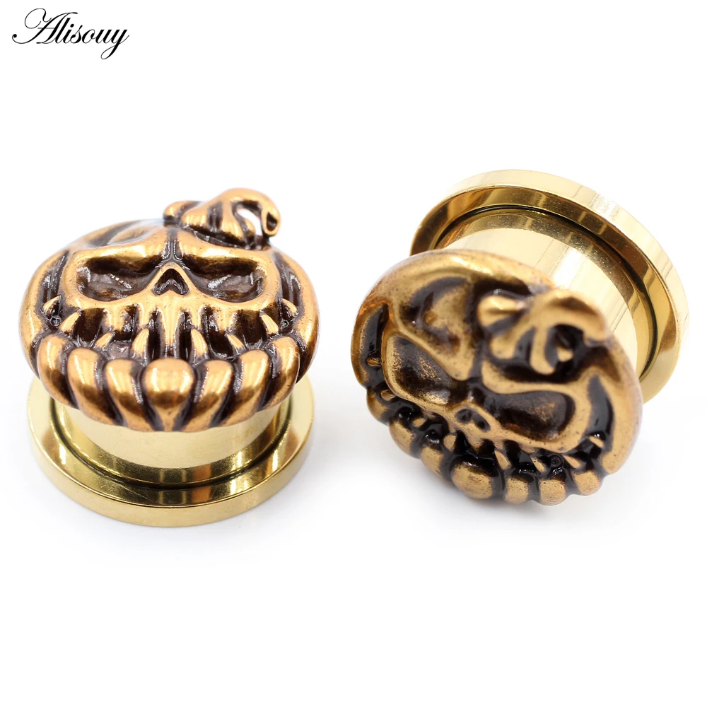 Alisouy-ステンレス鋼のハロウィーンのカボチャの頭蓋骨の耳のトンネル、エキスパンダーストレッチャー、ゲージのイヤリング、ピアスボディジュエリー、2個