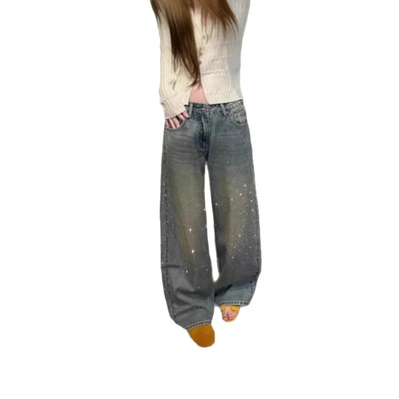 

2026 Shiny Starry Double Sided Rhinestone Hot Drilling High Waist Wide Leg Jeans Women Loose Slim Premium Elegant Denim Trousers