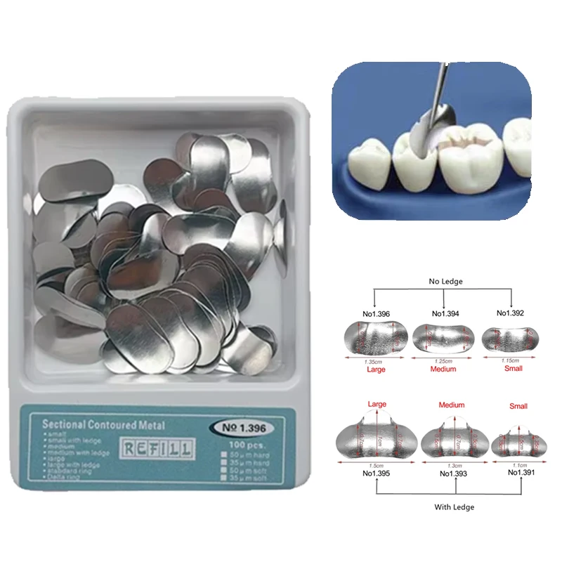 

100 шт., комплект стоматологических матриц для восстановления зубов, металлические кольца и контурные секционные матрицы, инструменты для наполнения зубов