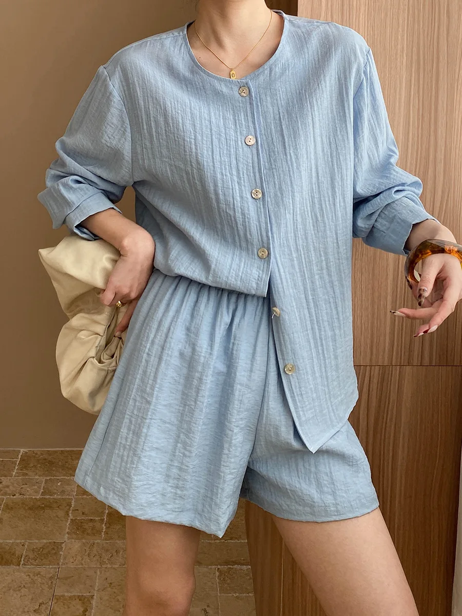 Old Money Wind Breathable Linen Blended Round Neck Shirt Shorts Two Piece Set For Women