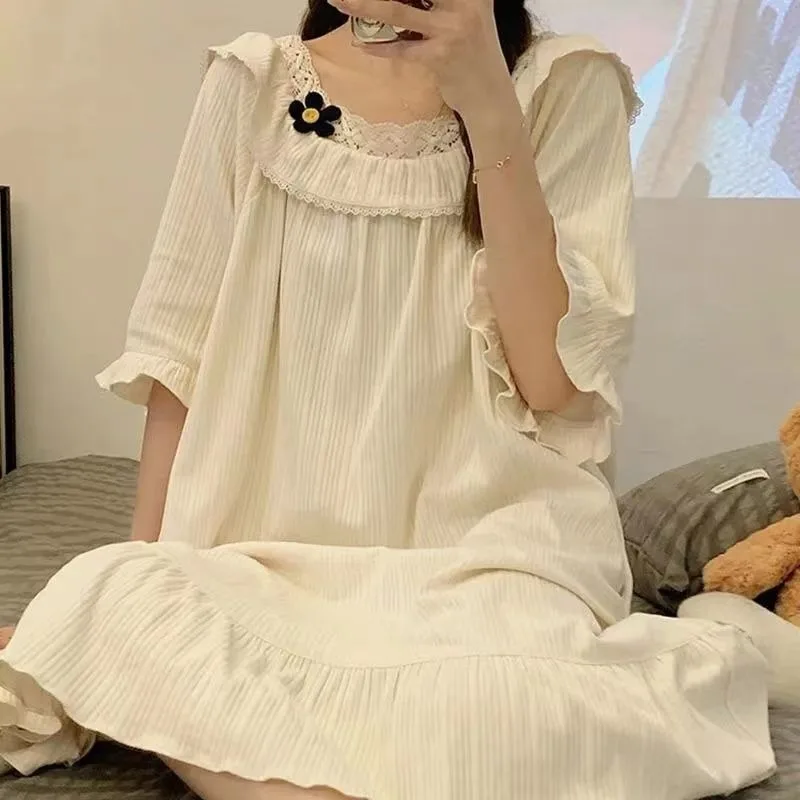 Princess Style Pajama Dress Women Summer New Sweet Cute Nightgowns Loose Mid-length Sleepshirts Girls Short Sleeve Home Clothes