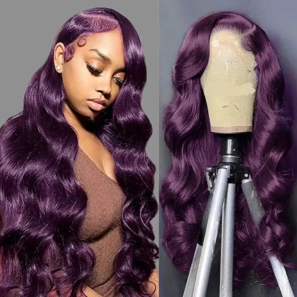 

Прическа «Боди вейв» из темно-фиолетового волоса, 13x4, с предварительно выщипанными линиями роста, плотность 180%, HD прозрачный безклеевой кружевной фронтальный парик с эффектом «детских волосок» для женщин