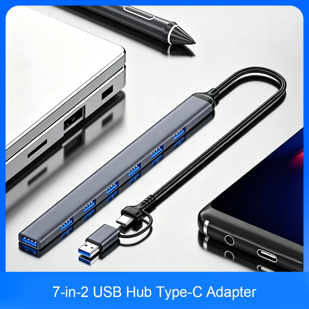 7-in-2 USB Hub Type-C Adapter Multi Port Splitter 1x USB3.0 6x USB2.0 Ports for Laptop PC Tablet Mobile