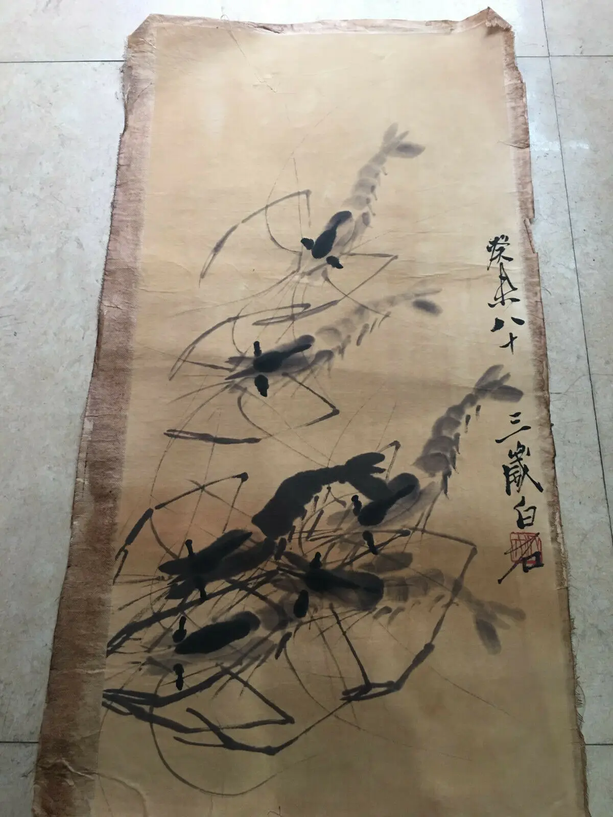 

Chinese Old Scroll Qi Baishi - Shrimp Painting Rice Paper Painting Slice