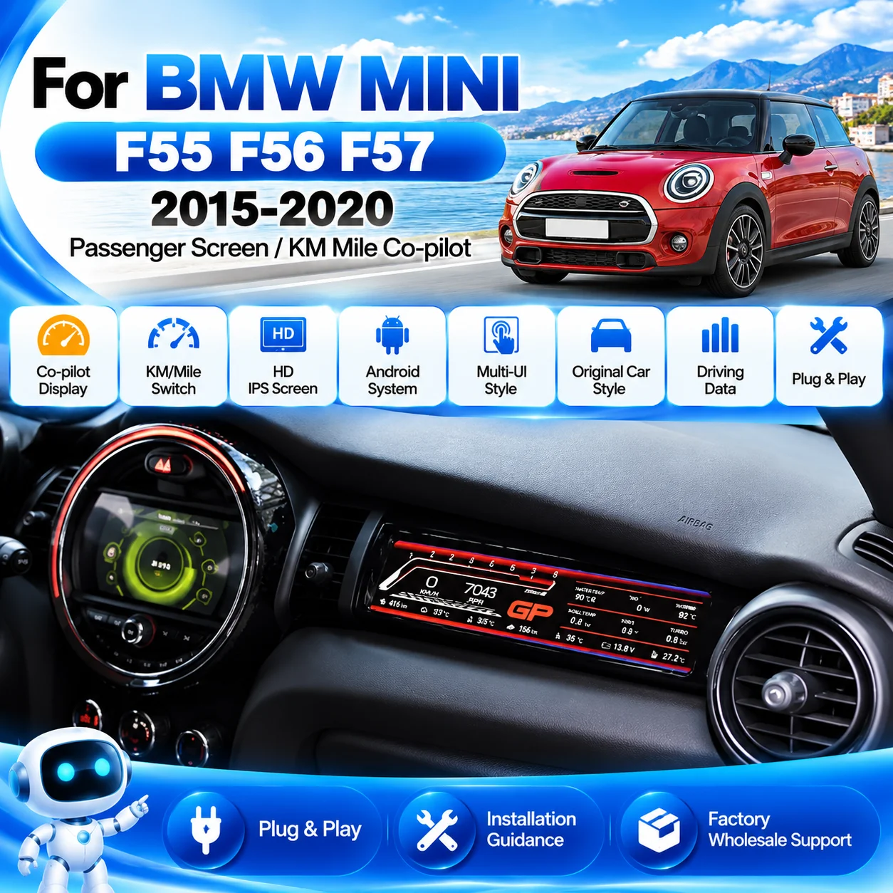 Co-Pilot Passenger Display Instrument Cluster For BMW MINI F55 F56 F57 2015-2020 Virtual Cockpit KM Mile Screen