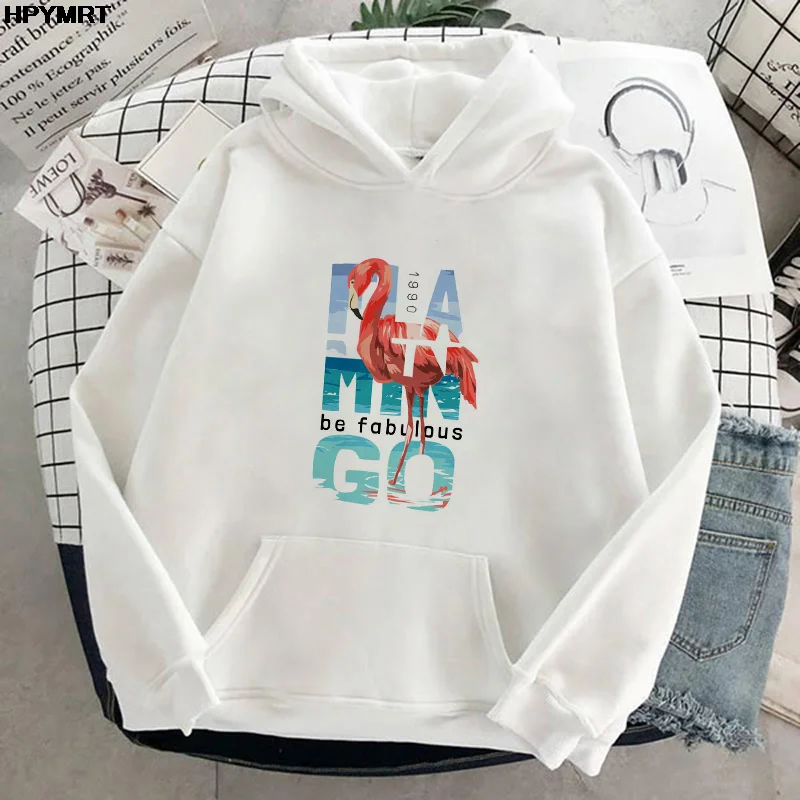 Flamingo Prints Sweatshirt Women 90s Aesthetic Long Sleeve thin fleece lady Hipster Hoodie Kawaii Pink White street Hooded Top