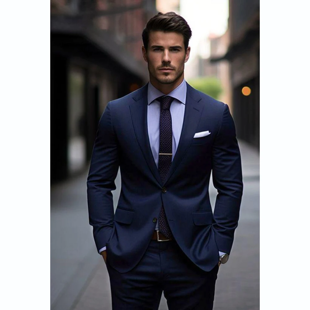 High Quality Navy Blue Men Suits Flat Front Notch Lapel Single Breasted Skinny 2 Piece Jacket Pants Chic Wedding Costume Homme