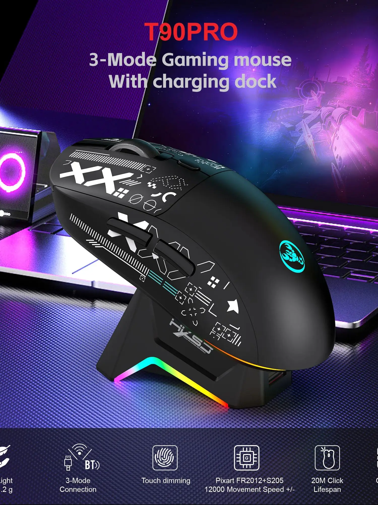 New HXSJ-T90Pro 3-mode Wireless E-sport Gaming Mouse with Charging Dock RGB Lighting Optical Game Mouse for Laptop Desktop Mac