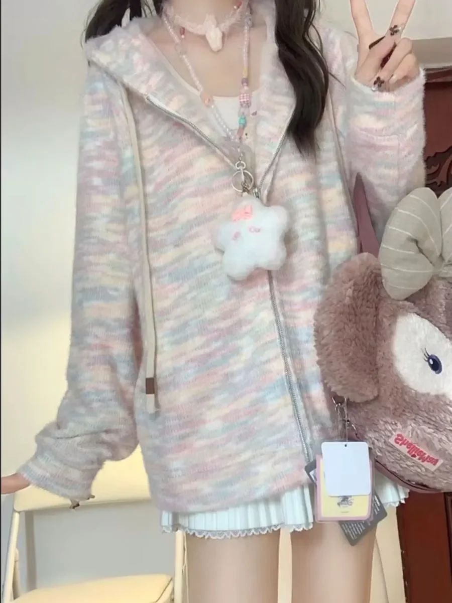 

Hooded Knitted Cardigan Jacket for Women Soft and Glutinous Rainbow Sweet Loose Temperament Casual Winter