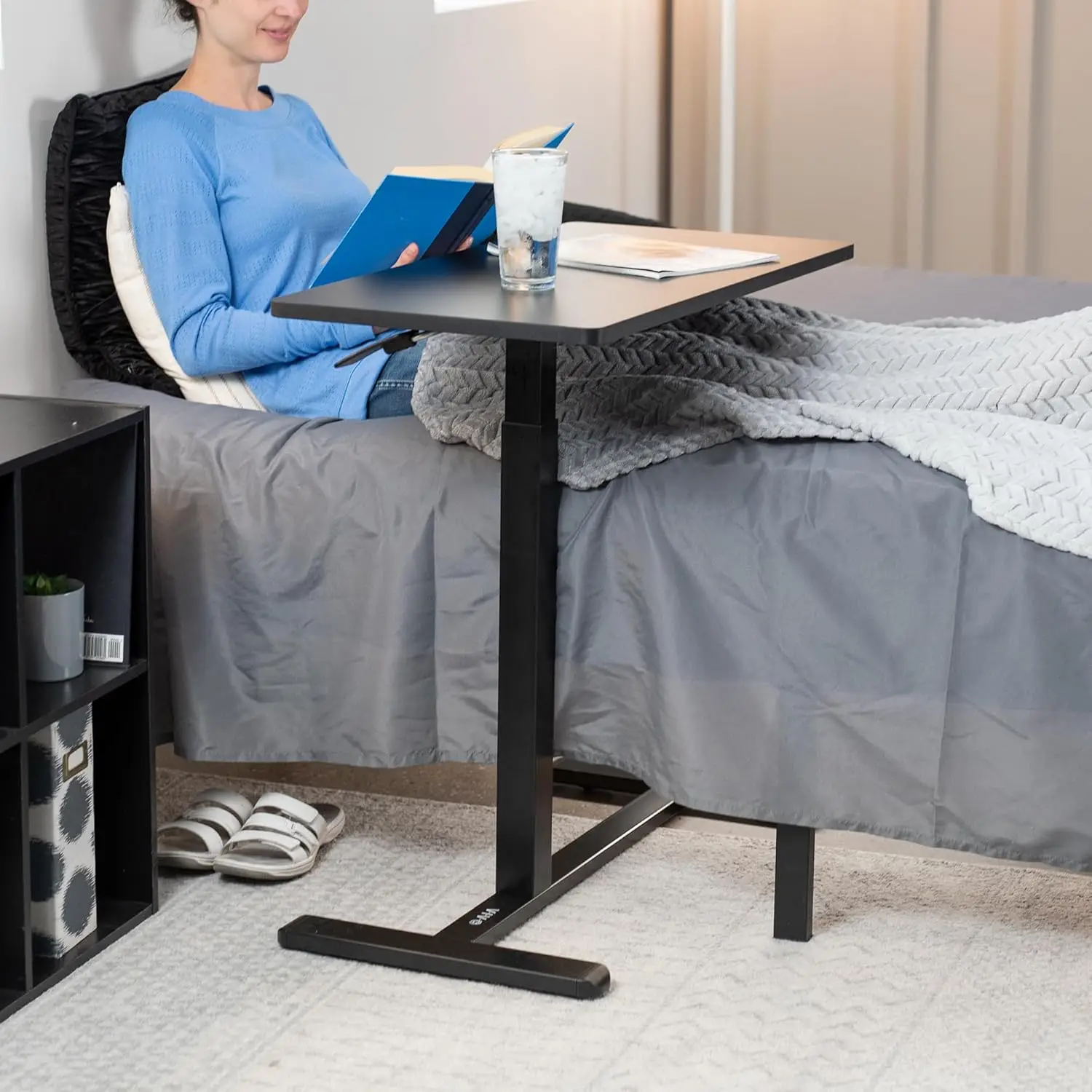 Pneumatic 32 x 16 inch Over Sofa Laptop Desk, Mobile Desktop with Hidden Casters, Bedside Cart, Medical Sliding Bed Table, Black