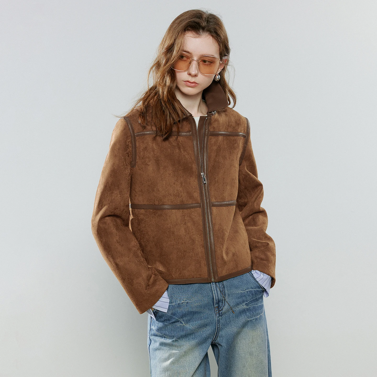Women's Coffee Suede Jacket - Patchwork Shimmer Coat