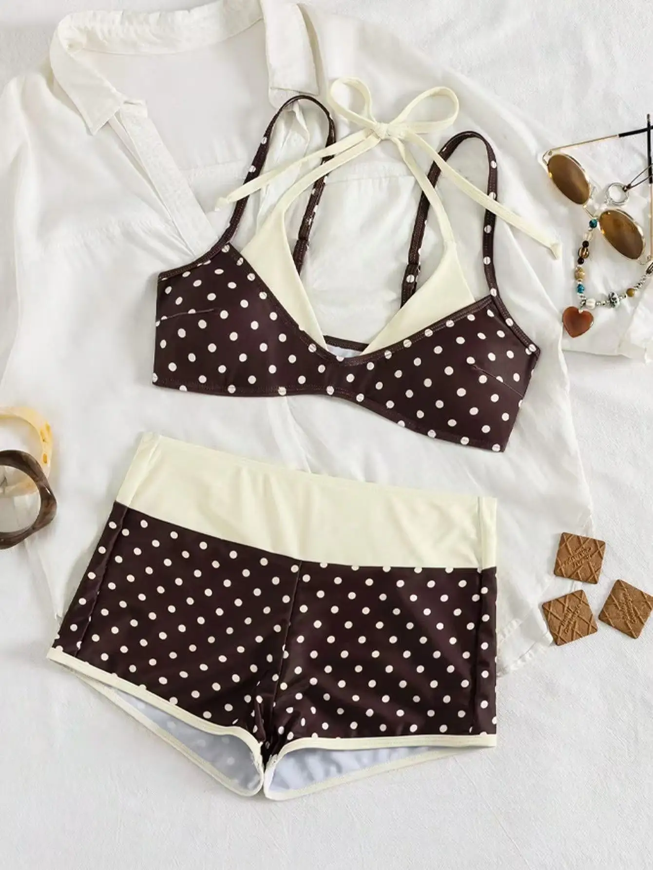 Coffee Polka Dot Print Patchwork Bikini Set 2026 Women Double Strap Push Up Bra High Waist Swimsuit Beach Bathing Suit Swimwear